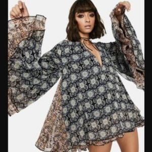 Free People Floral Bell Sleeve Dress - Black and Cream